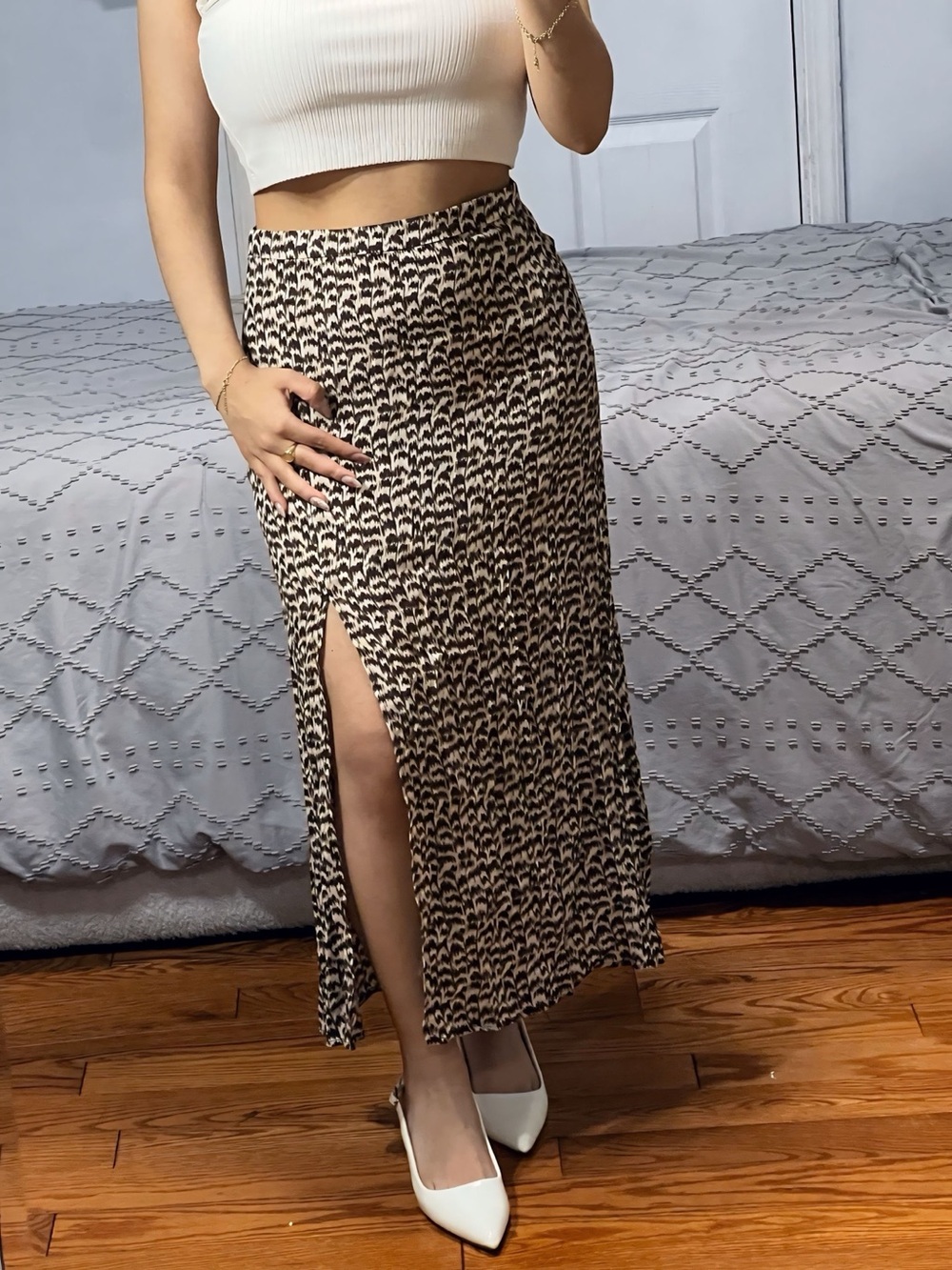 H&M Brown & White Printed Midi Skirt with Slit